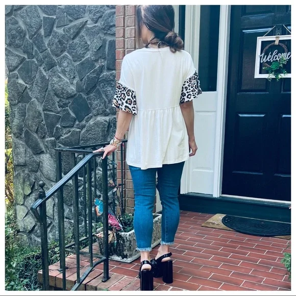 #26 Boho Leopard Trim sleeves tunic soft Flowy baby doll top - Picture 9 of 10
